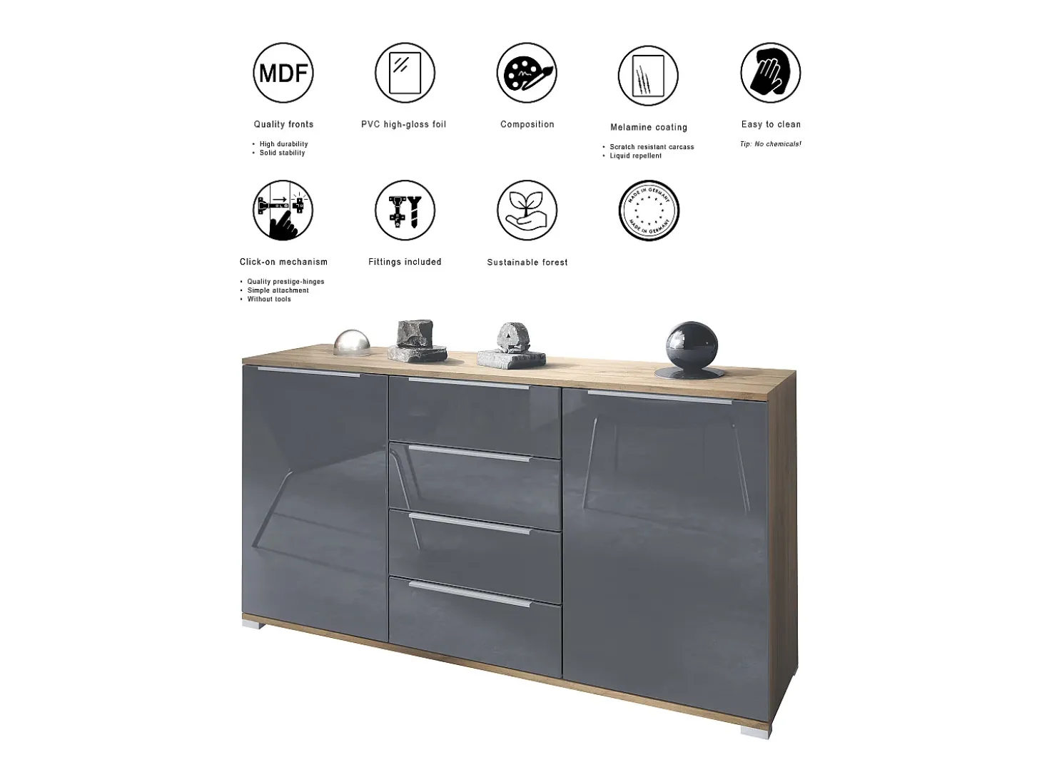 Aparador Linio V1, Mueble con 2 puertas y 4 cajones, Roble Evoke / blanco de alto brillo (138,5 x 75,5 x 35 cm)