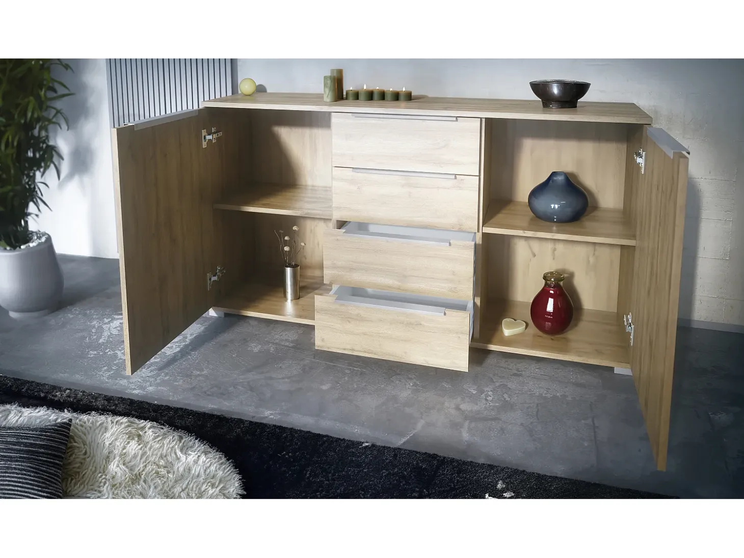 Aparador Linio V1, Mueble con 2 puertas y 4 cajones, Roble Evoke / mezclilla mate (138,5 x 75,5 x 35 cm)
