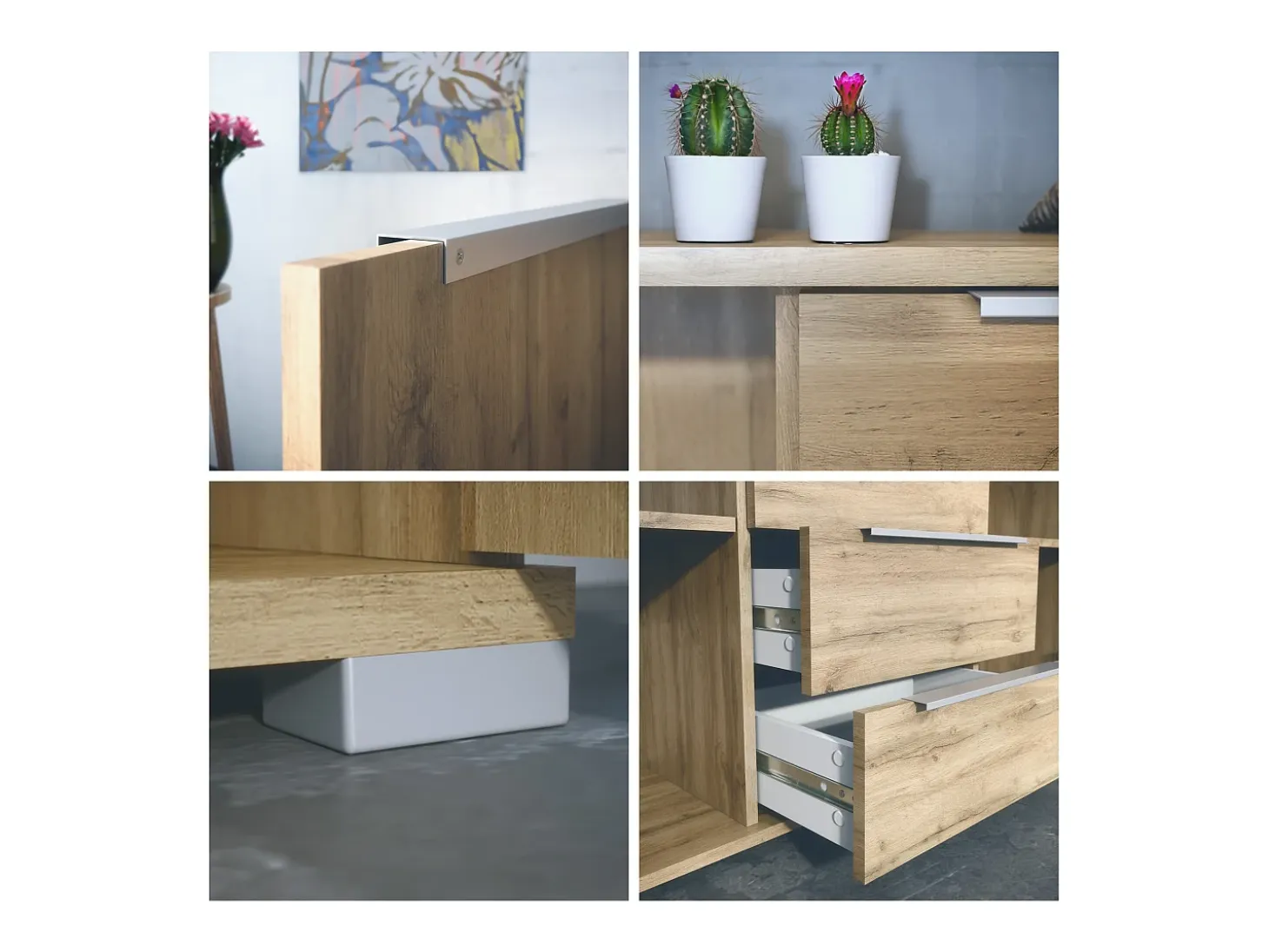 Aparador Linio V1, Mueble con 2 puertas y 4 cajones, Roble Evoke / mezclilla mate (138,5 x 75,5 x 35 cm)