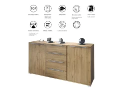 Aparador Linio V1, Mueble con 2 puertas y 4 cajones, Roble Evoke / Roble Evoke (138,5 x 75,5 x 35 cm)