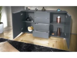 Aparador Linio V1, Mueble con 2 puertas y 4 cajones, antracita mate / burdeos de alto brillo (138,5 x 75,5 x 35 cm)