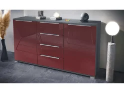 Aparador Linio V1, Mueble con 2 puertas y 4 cajones, antracita mate / burdeos de alto brillo (138,5 x 75,5 x 35 cm)