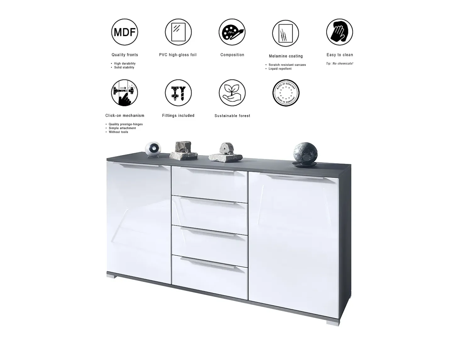 Aparador Linio V1, Mueble con 2 puertas y 4 cajones, antracita mate / burdeos de alto brillo (138,5 x 75,5 x 35 cm)