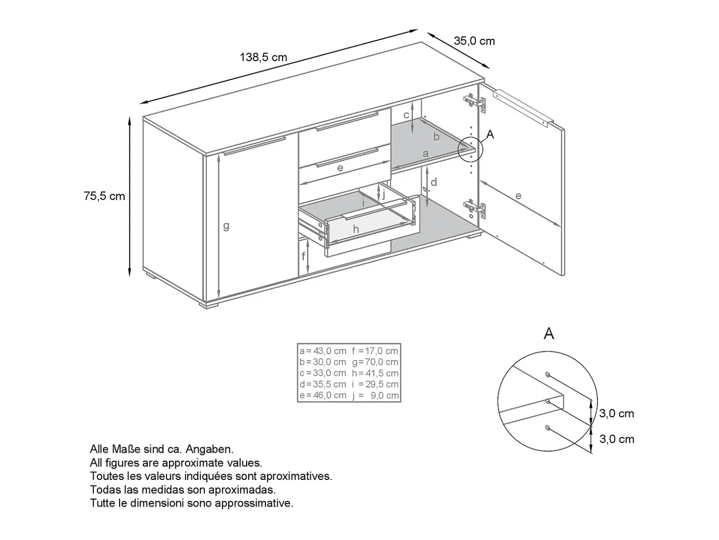 Aparador Linio V1, Mueble con 2 puertas y 4 cajones, antracita mate / blanco mate (138,5 x 75,5 x 35 cm)