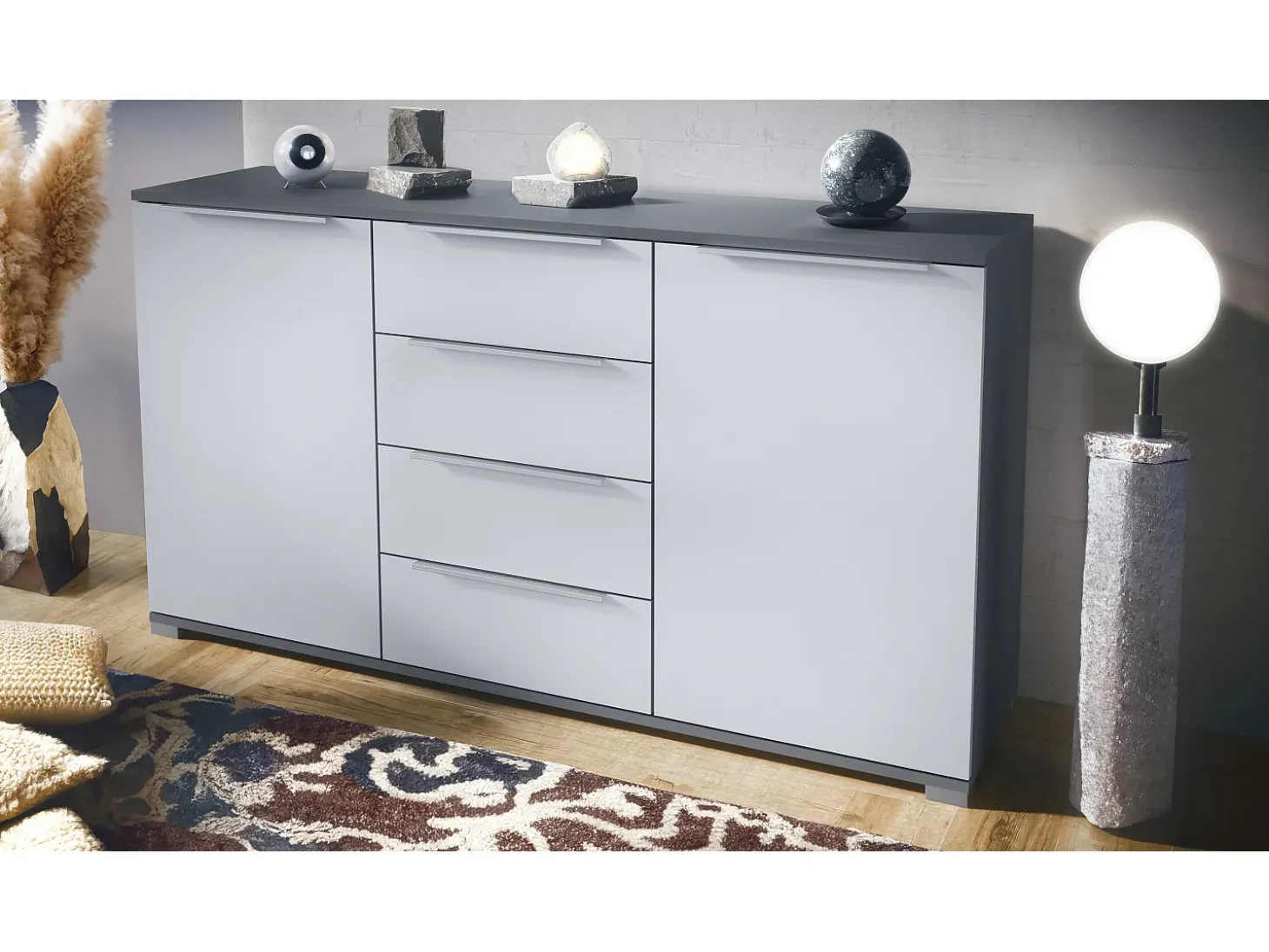 Aparador Linio V1, Mueble con 2 puertas y 4 cajones, antracita mate / blanco mate (138,5 x 75,5 x 35 cm)