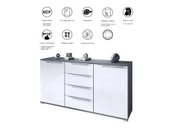 Aparador Linio V1, Mueble con 2 puertas y 4 cajones, antracita mate / blanco mate (138,5 x 75,5 x 35 cm)