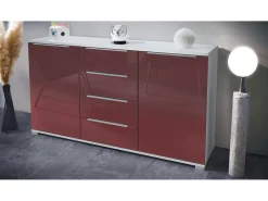 Aparador Linio V1, Mueble con 2 puertas y 4 cajones, blanco mate / burdeos de alto brillo (138,5 x 75,5 x 35 cm)