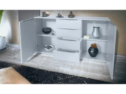 Aparador Linio V1, Mueble con 2 puertas y 4 cajones, blanco mate / burdeos de alto brillo (138,5 x 75,5 x 35 cm)