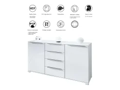 Aparador Linio V1, Mueble con 2 puertas y 4 cajones, blanco mate / burdeos de alto brillo (138,5 x 75,5 x 35 cm)