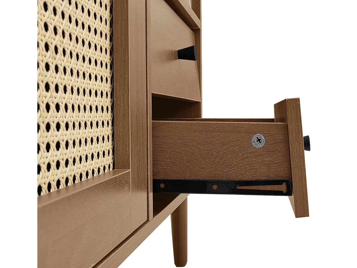 Aparador marrón con 2 puertas de ratán, 1 puerta y 2 cajones 130x40x75,5