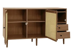 Aparador marrón con 2 puertas de ratán, 1 puerta y 2 cajones 130x40x75,5
