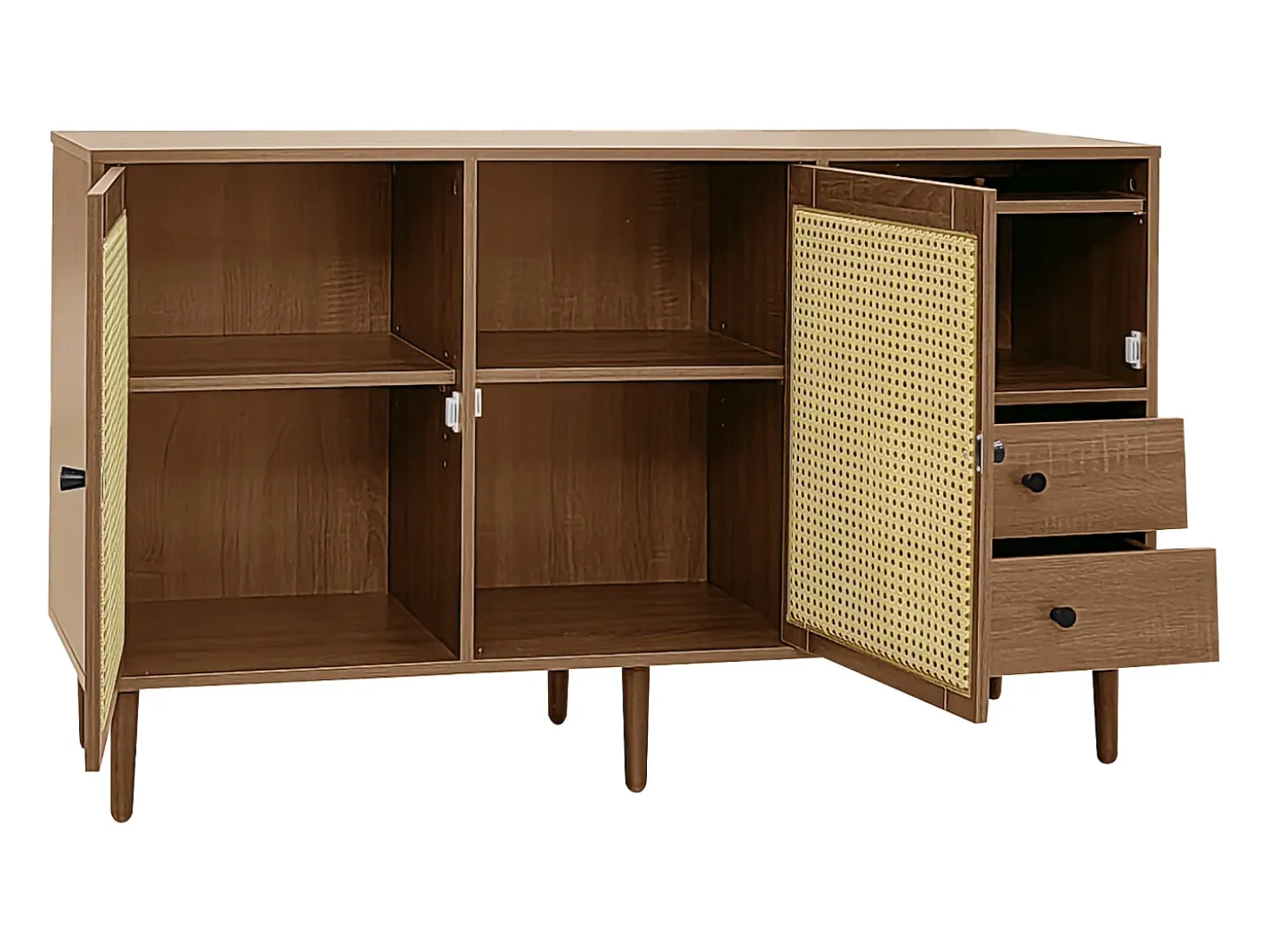 Aparador marrón con 2 puertas de ratán, 1 puerta y 2 cajones 130x40x75,5