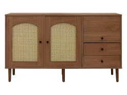 Aparador marrón con 2 puertas de ratán, 1 puerta y 2 cajones 130x40x75,5