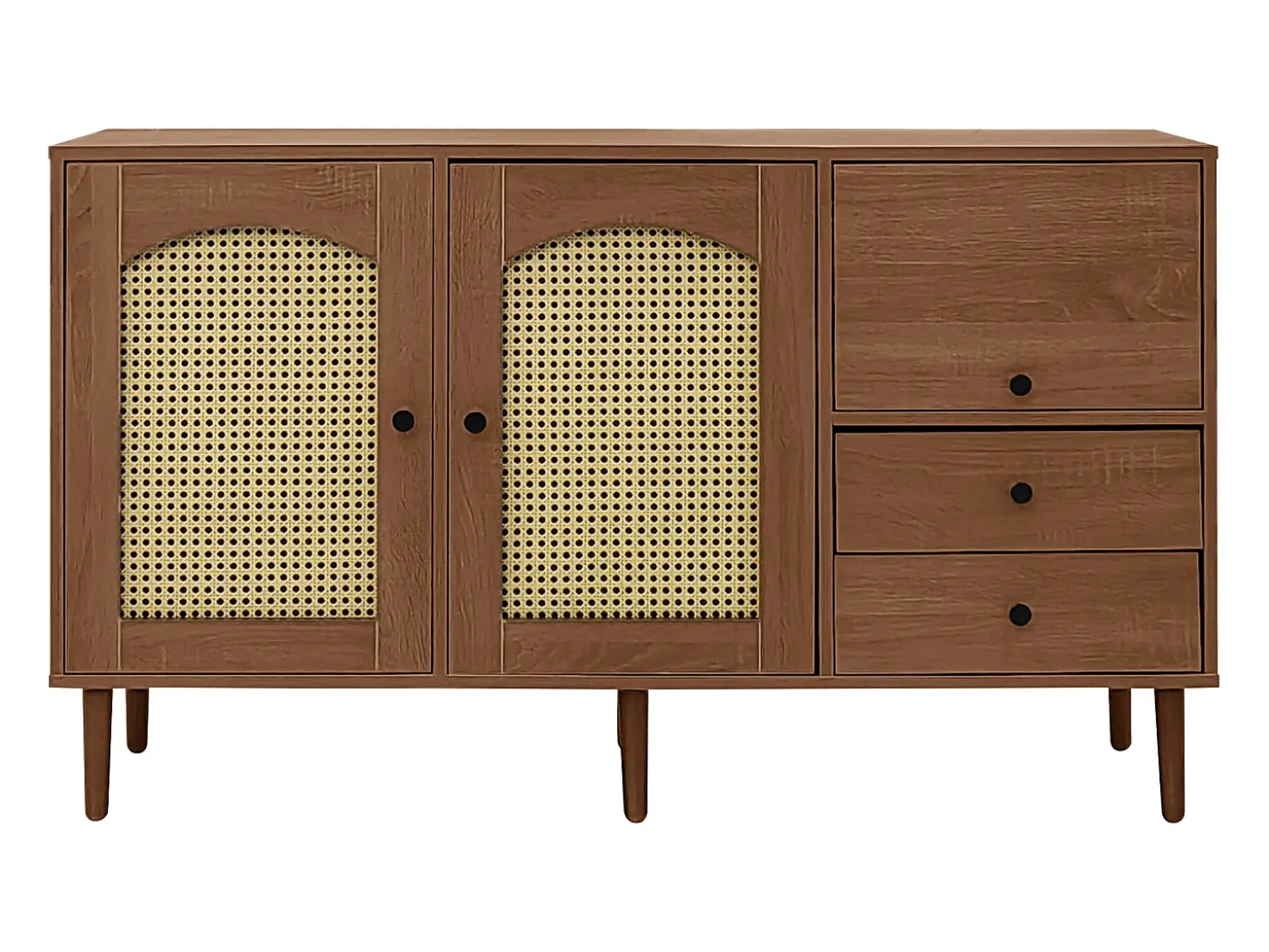 Aparador marrón con 2 puertas de ratán, 1 puerta y 2 cajones 130x40x75,5