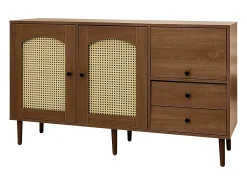 Aparador marrón con 2 puertas de ratán, 1 puerta y 2 cajones 130x40x75,5