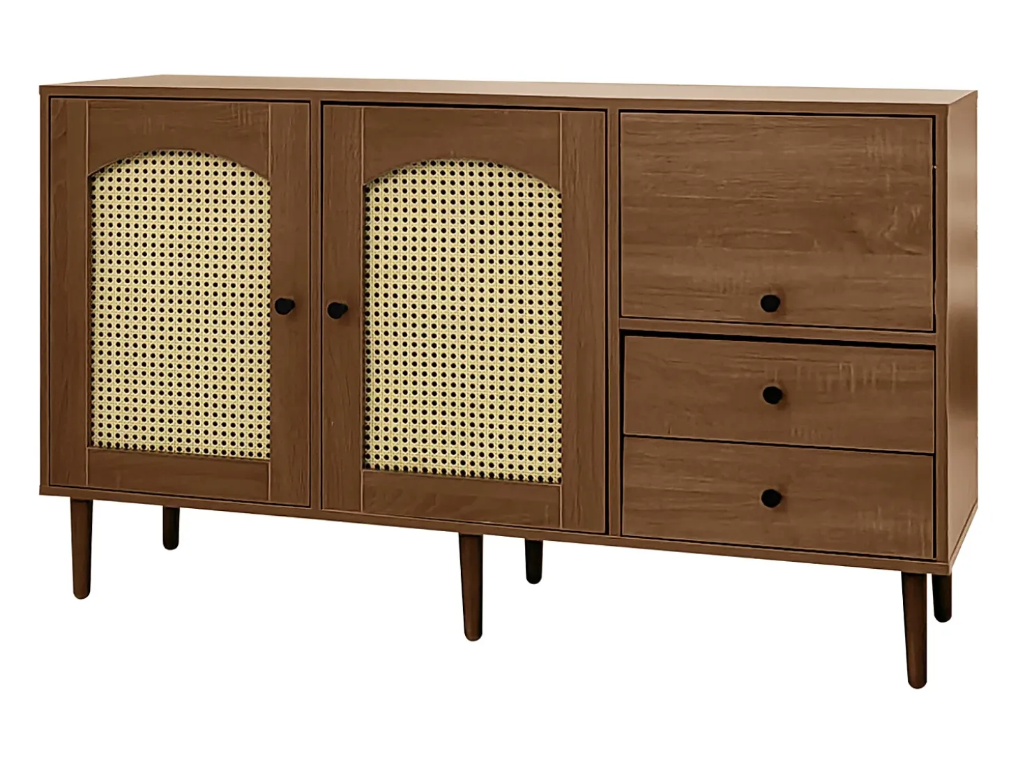 Aparador marrón con 2 puertas de ratán, 1 puerta y 2 cajones 130x40x75,5