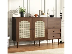 Aparador marrón con 2 puertas de ratán, 1 puerta y 2 cajones 130x40x75,5