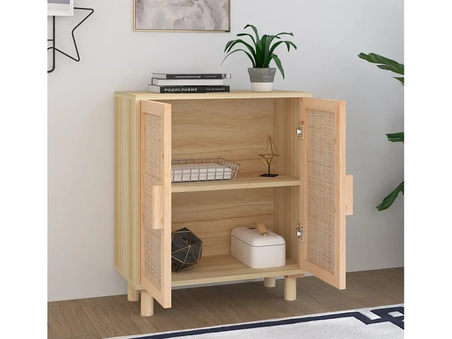 Aparador marrón madera pino maciza y ratán natural 60x30x70 cm