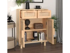 Aparador marrón madera pino maciza y ratán natural 60x30x75 cm