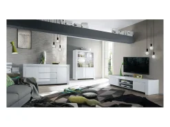 Aparador mediano de 2 puertas y 3 cajones, colección FOLOMI, color blanco lacado brillante.