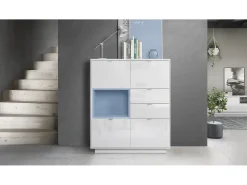 Aparador Metro, Carcasa en blanco alto brillo / Frente en blanco alto brillo con una inserción en denim mate, incl. iluminación LED