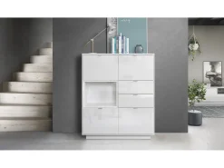 Aparador Metro, Carcasa en blanco alto brillo / Frente en blanco alto brillo con una inserción en blanco alto brillo, incl. iluminación LED