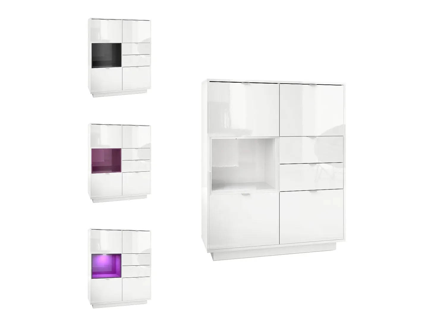Aparador Metro, Carcasa en blanco alto brillo / Frente en blanco alto brillo con una inserción en blanco alto brillo, incl. iluminación LED