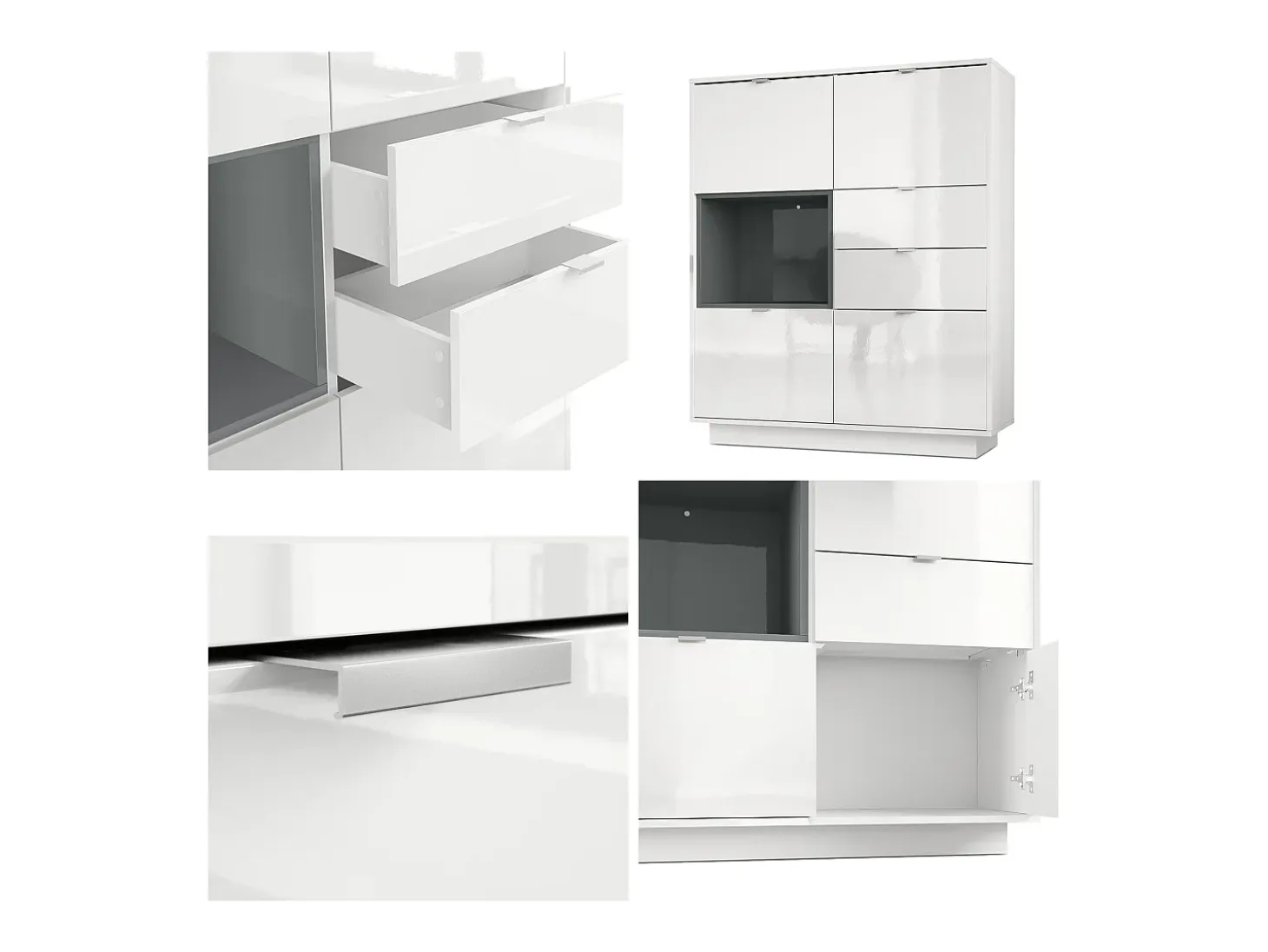 Aparador Metro, Carcasa en blanco alto brillo / Frente en blanco alto brillo con una inserción en blanco alto brillo, incl. iluminación LED