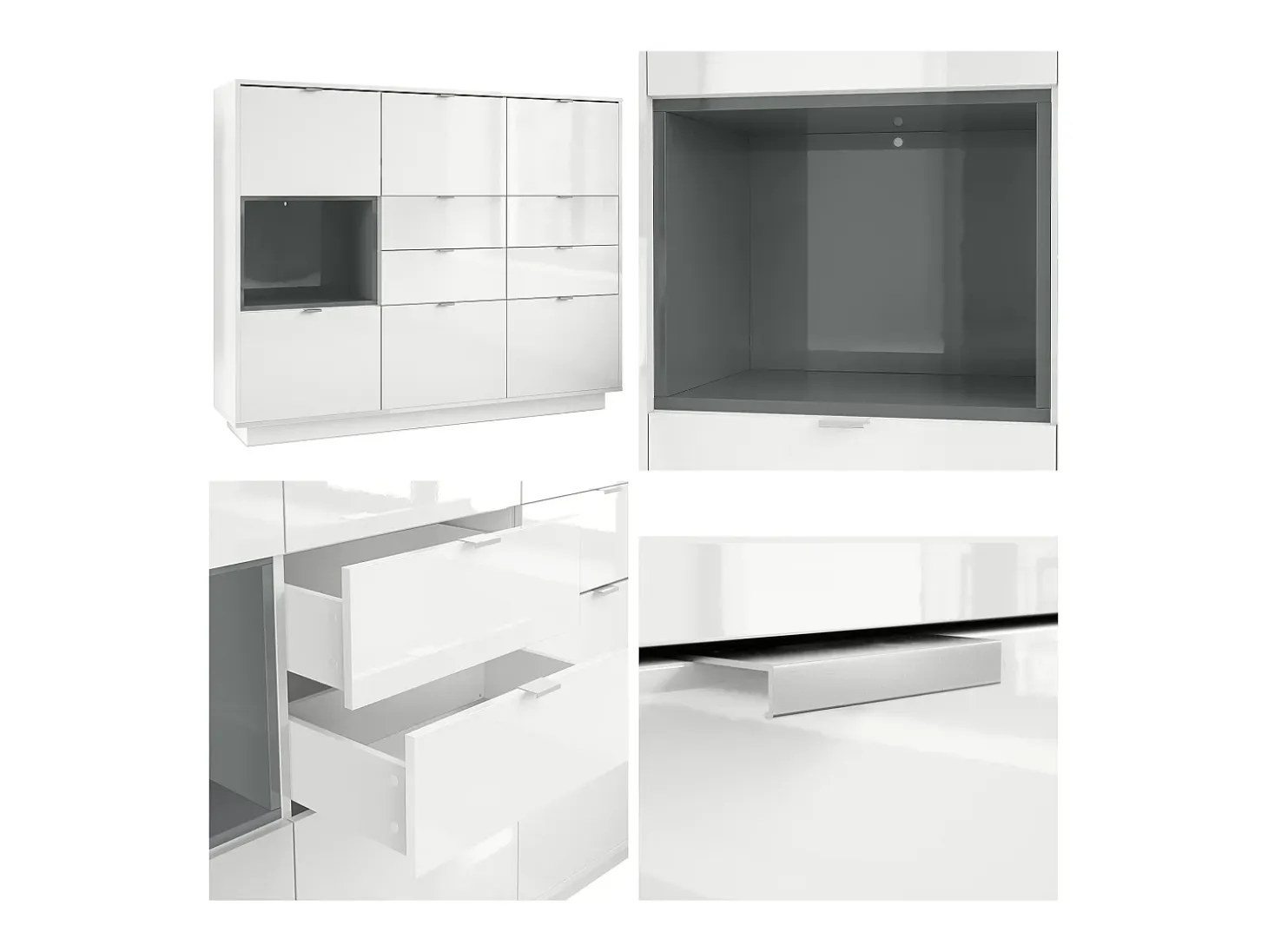 Aparador Metro V2, Carcasa en blanco alto brillo / Frente en blanco alto brillo con una inserción en denim mate, incl. iluminación LED