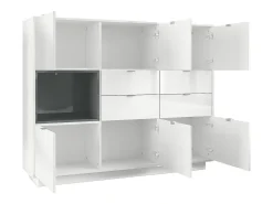 Aparador Metro V2, Carcasa en blanco alto brillo / Frente en blanco alto brillo con una inserción en denim mate, incl. iluminación LED
