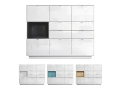 Aparador Metro V2, Carcasa en blanco alto brillo / Frente en blanco alto brillo con una inserción en denim mate, incl. iluminación LED