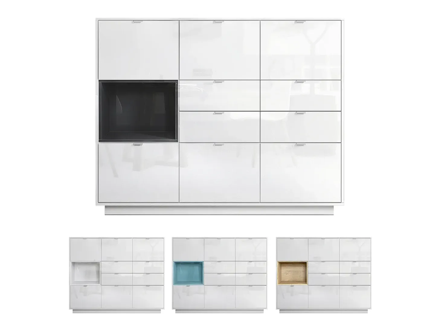 Aparador Metro V2, Carcasa en blanco alto brillo / Frente en blanco alto brillo con una inserción en blanco alto brillo, incl. iluminación LED