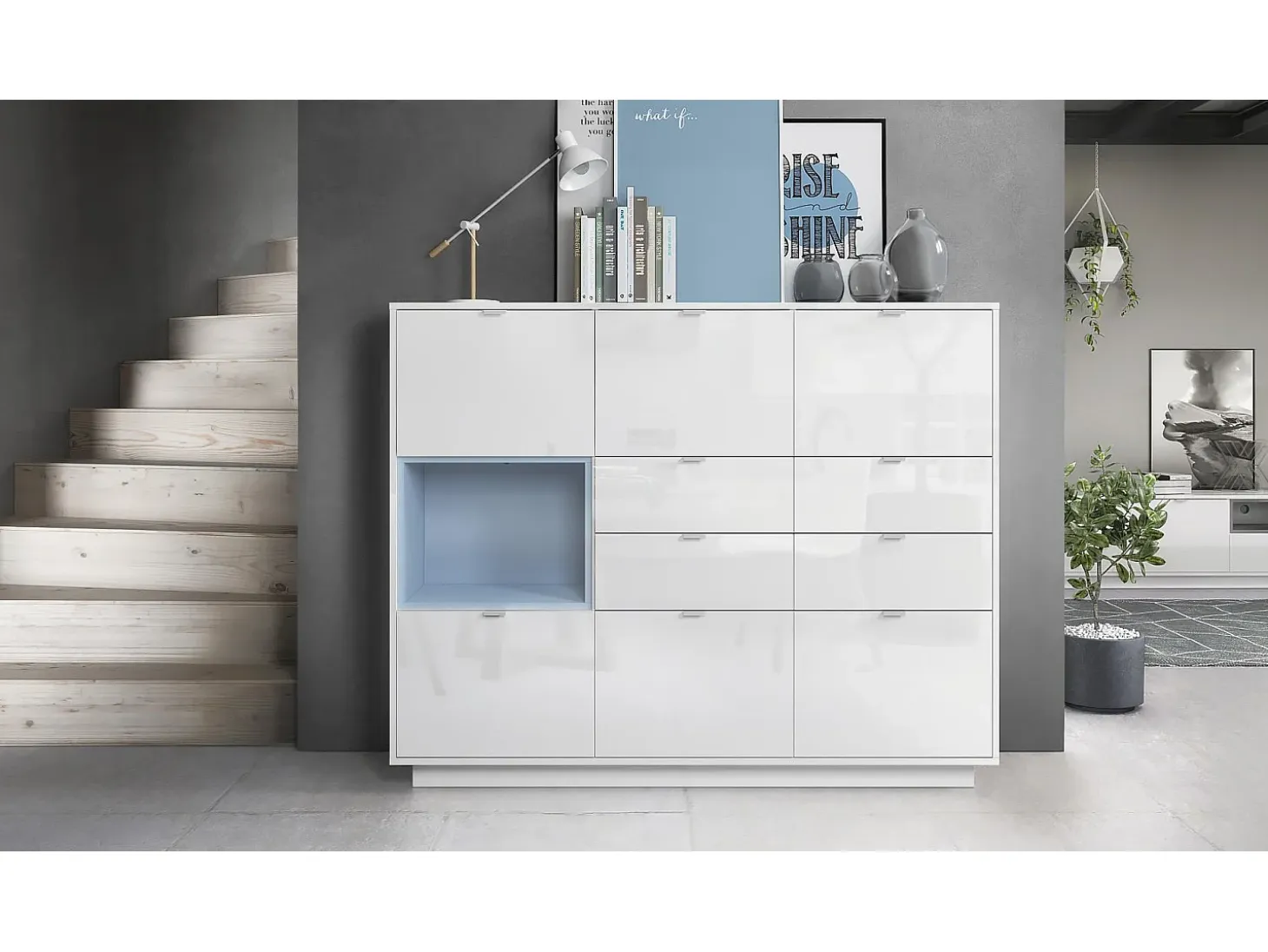 Aparador Metro V2, Carcasa en blanco alto brillo / Frente en blanco alto brillo con una inserción en denim mate