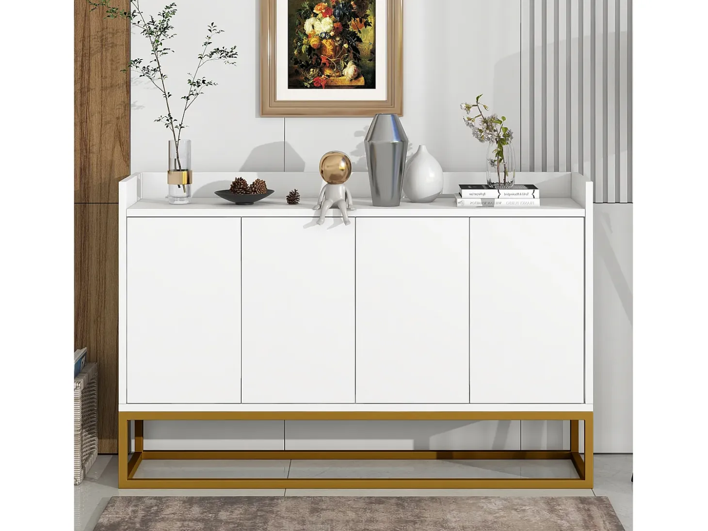 Aparador minimalista moderno, 4 puertas sin tiradores, para salón, cocina, MDF, blanco (120x30x80 cm)