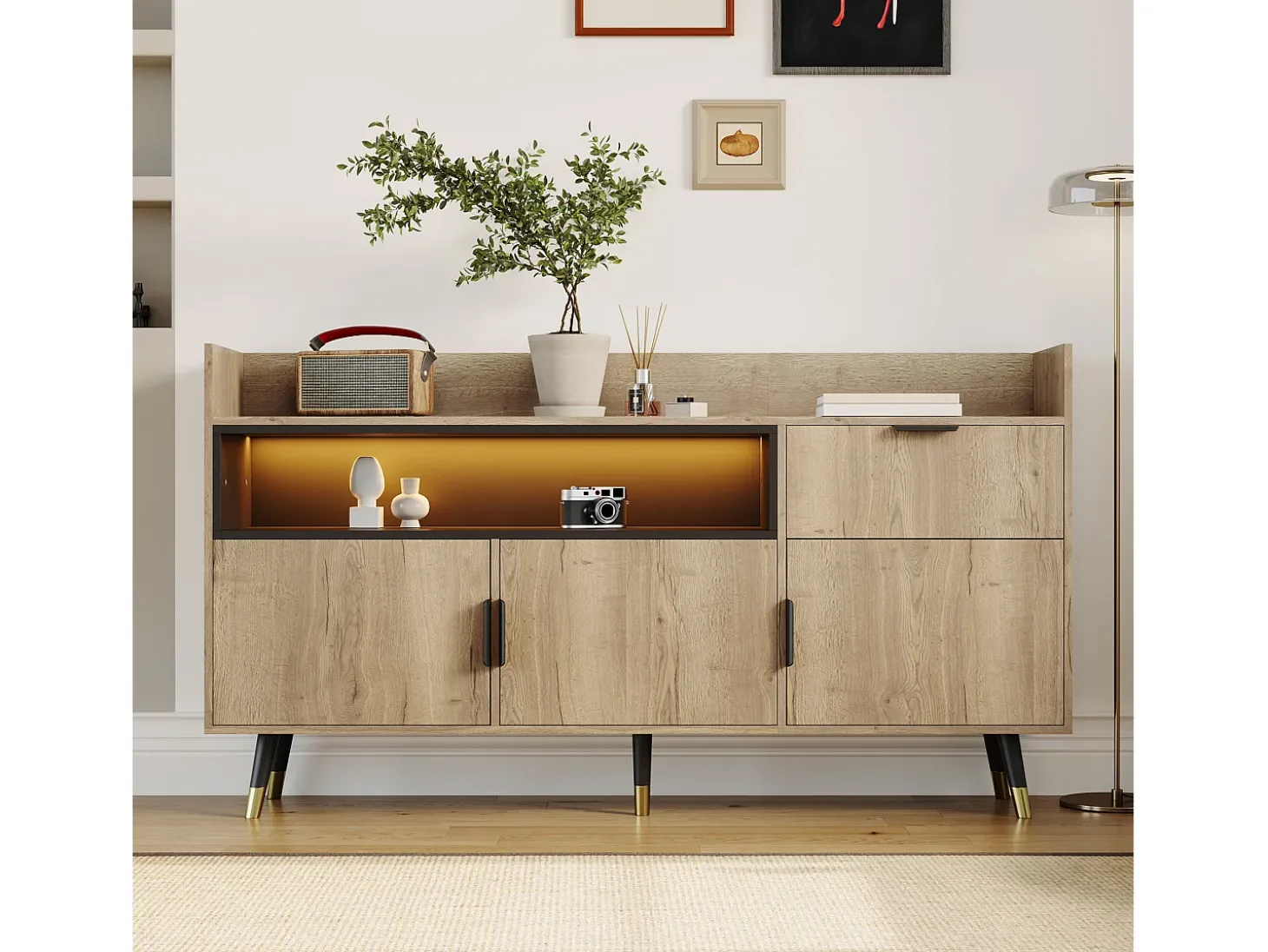 Aparador minimalista moderno - 160 x 35 x 82 cm - con estantes abiertos + 1 cajón + 3 puertas + LED - madera - natural