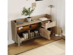 Aparador minimalista moderno - 160 x 35 x 82 cm - con estantes abiertos + 1 cajón + 3 puertas + LED - madera - natural