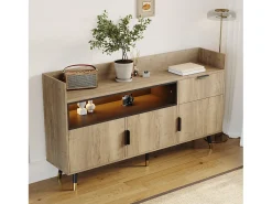 Aparador minimalista moderno - 160 x 35 x 82 cm - con estantes abiertos + 1 cajón + 3 puertas + LED - madera - natural