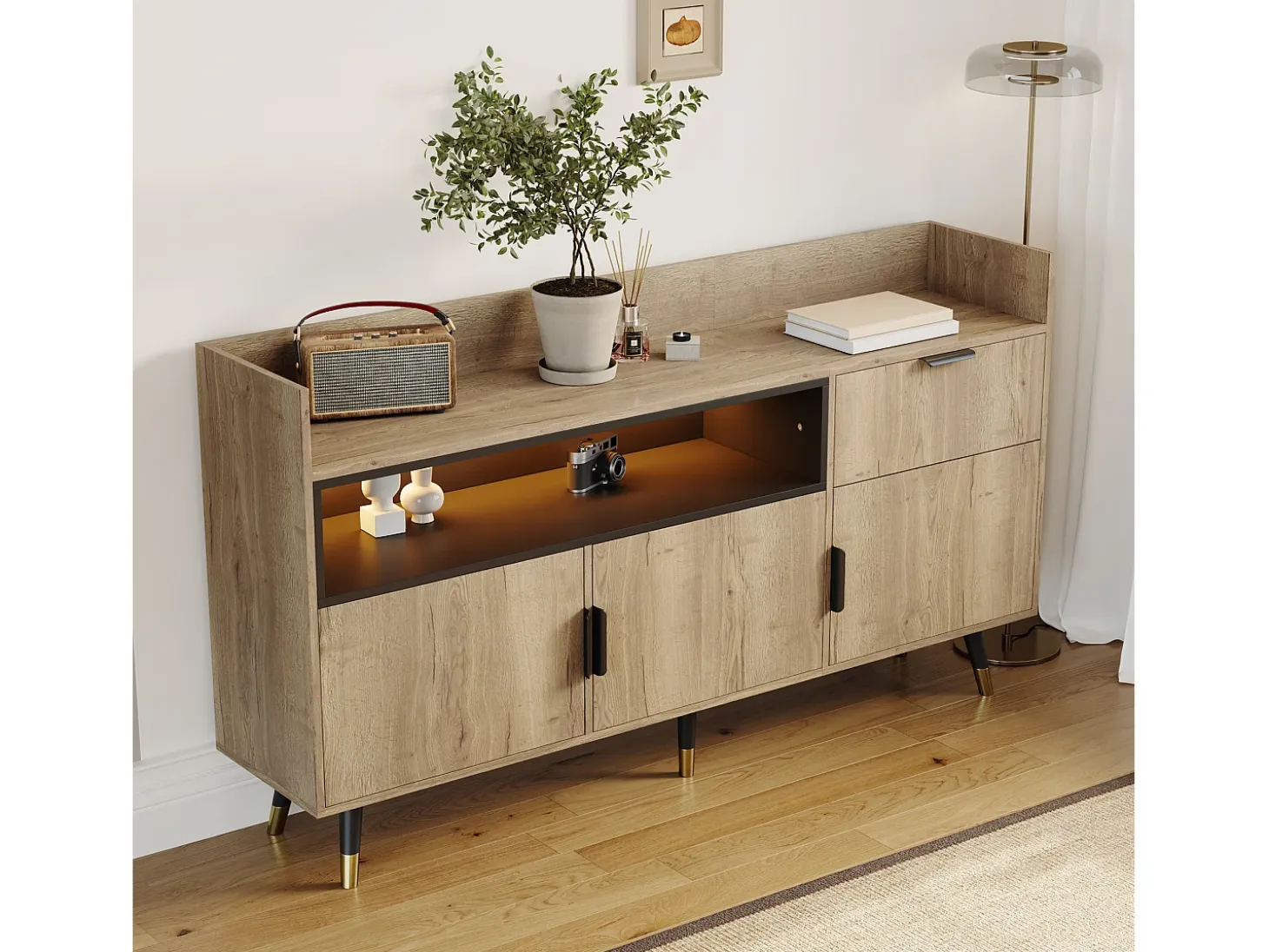 Aparador minimalista moderno - 160 x 35 x 82 cm - con estantes abiertos + 1 cajón + 3 puertas + LED - madera - natural