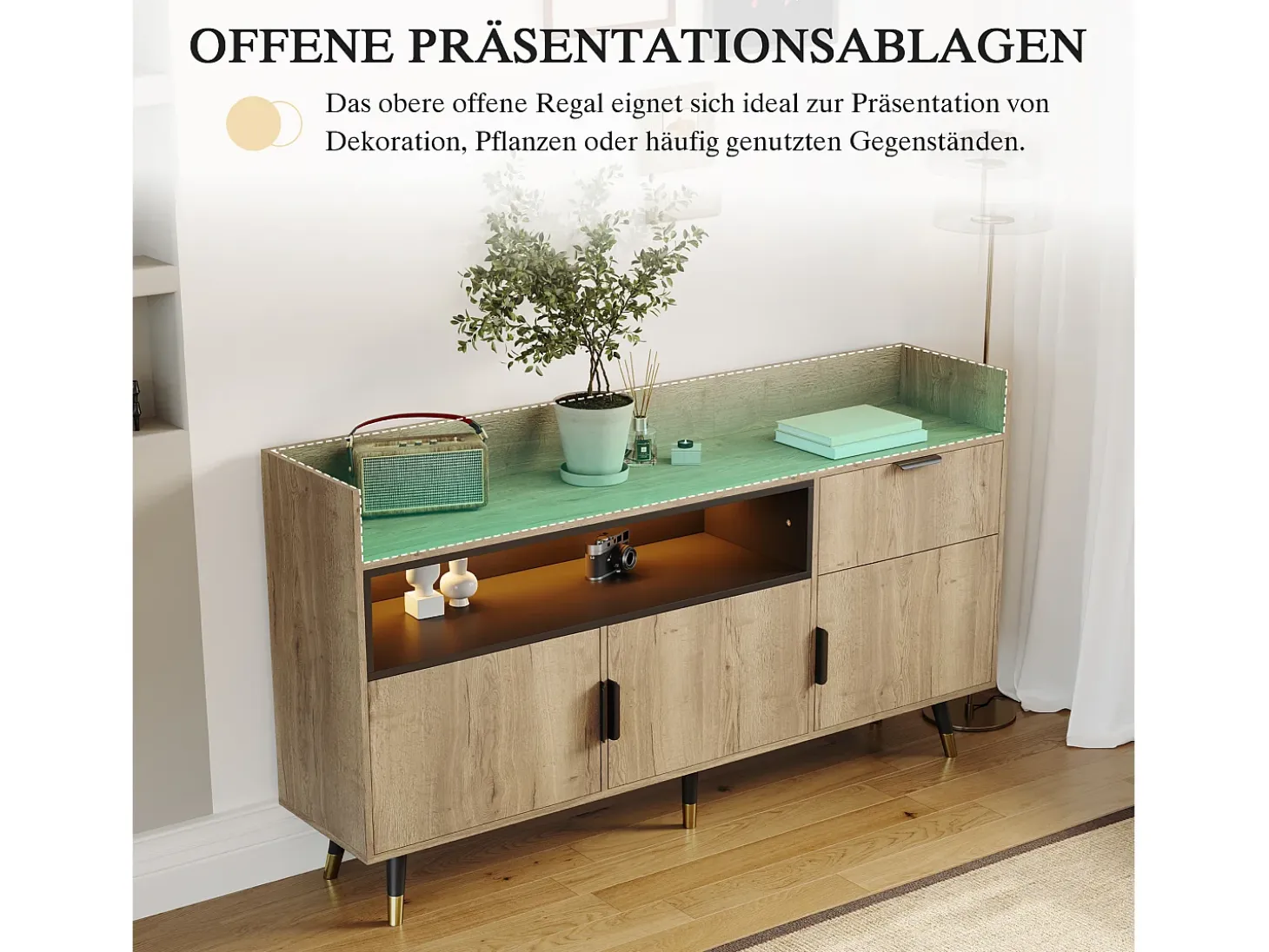 Aparador minimalista moderno - 160 x 35 x 82 cm - con estantes abiertos + 1 cajón + 3 puertas + LED - madera - natural