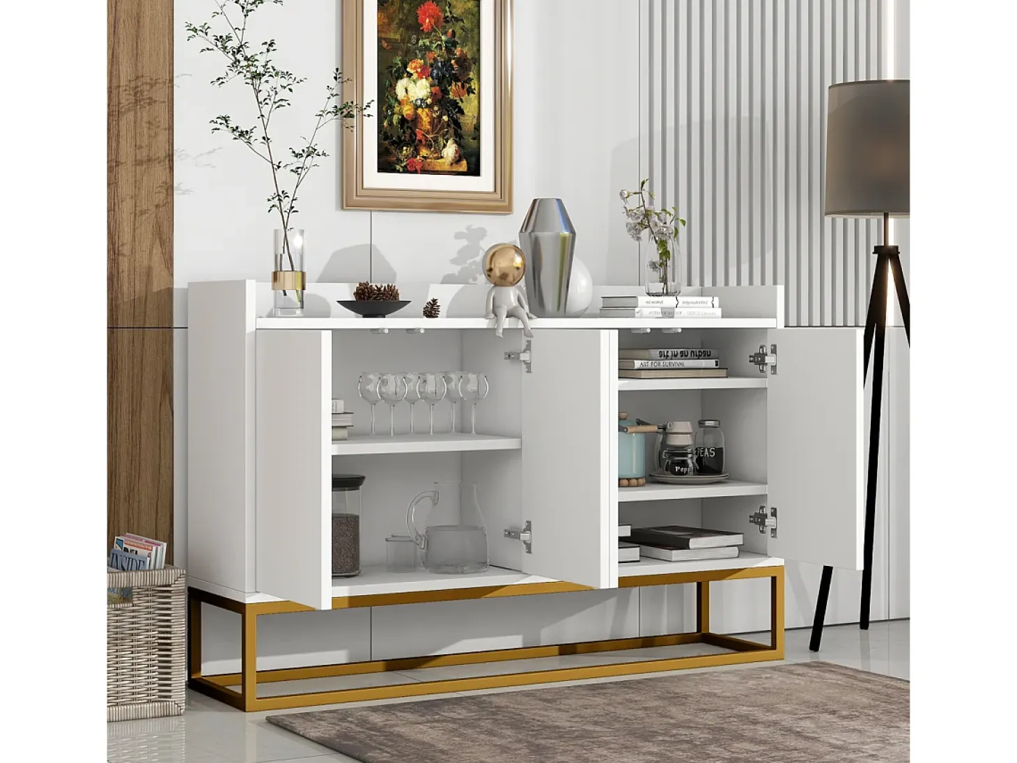 Aparador minimalista moderno de 4 puertas sin tiradores (blanco)
