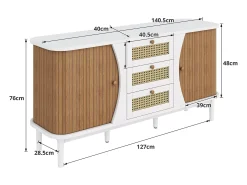 Aparador moderno - 2 puertas de ratán con 3 cajones - Blanco