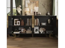 Aparador moderno - 152 x 40 x 75 cm - con 4 puertas + patas doradas - MDF - negro