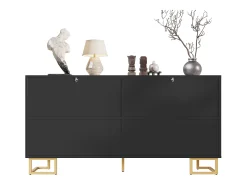 Aparador moderno - 152 x 40 x 75 cm - con 4 puertas + patas doradas - MDF - negro