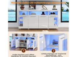 Aparador moderno - 140 x 40 x 70 cm - Vitrina lateral - con LED + 4 puertas + 3 módulos de almacenamiento de cristal templado - MDF - Blanco