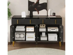 Aparador moderno, 4 puertas, 4 cajones, acabado madera y negro, con detalles dorados (140x37,8x82 cm)