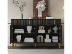 Aparador moderno, 4 puertas, 4 cajones, acabado madera y negro, con detalles dorados (140x37,8x82 cm)