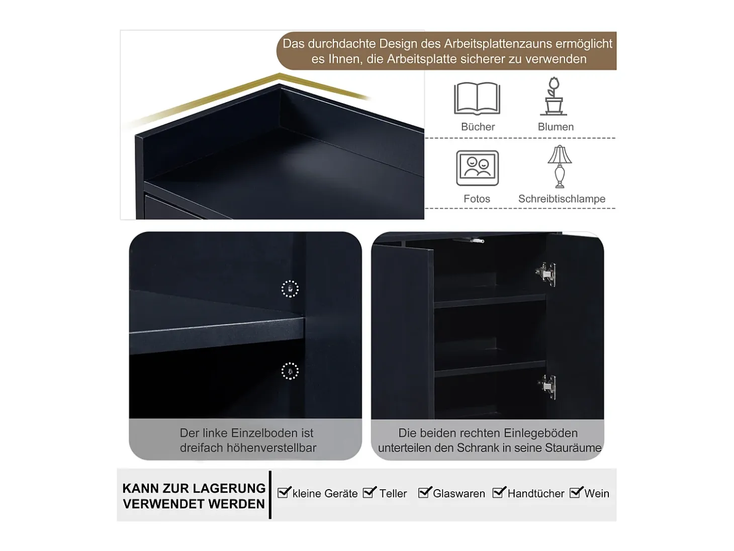 Aparador Moderno 120 x 30 x 80 cm - Aparador Estilo Minimalista con 4 Puertas para Comedor, Salón, Cocina - Negro