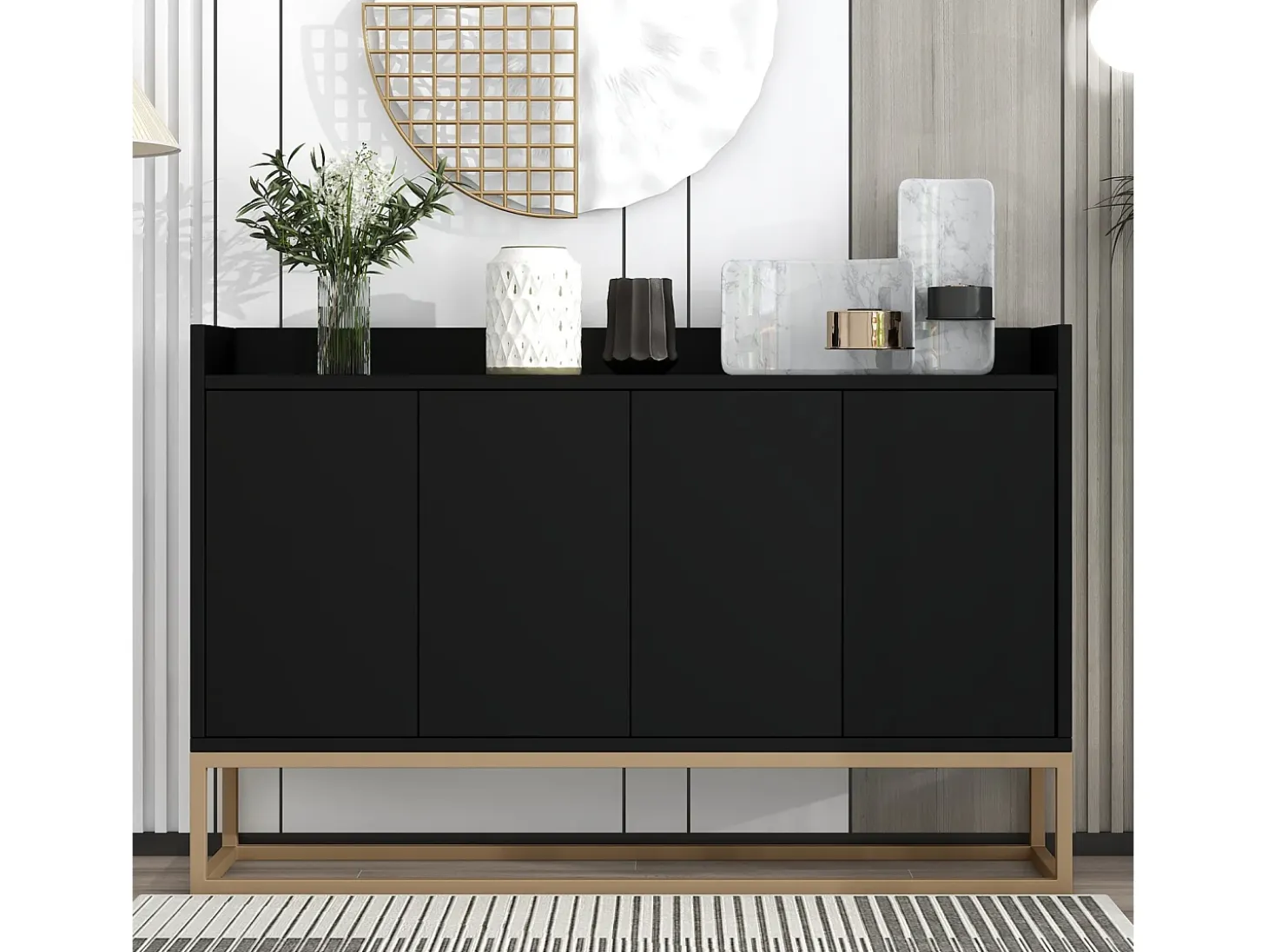 Aparador Moderno 120 x 30 x 80 cm - Aparador Estilo Minimalista con 4 Puertas para Comedor, Salón, Cocina - Negro