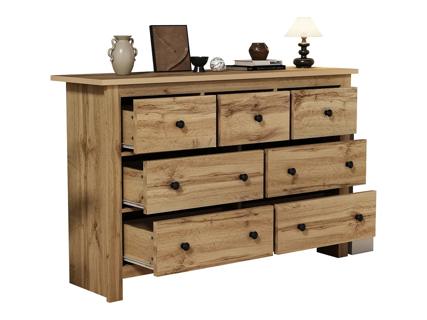 Aparador moderno con 7 cajones - 152 x 40 x 89 cm - Tablero de partículas - para comedor - Color madera