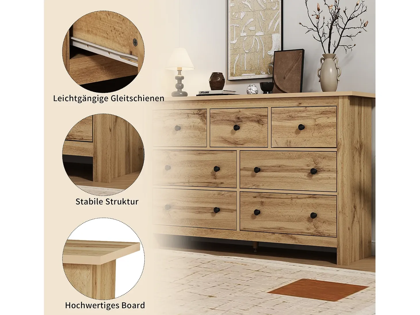 Aparador moderno con 7 cajones - 152 x 40 x 89 cm - Tablero de partículas - para comedor - Color madera